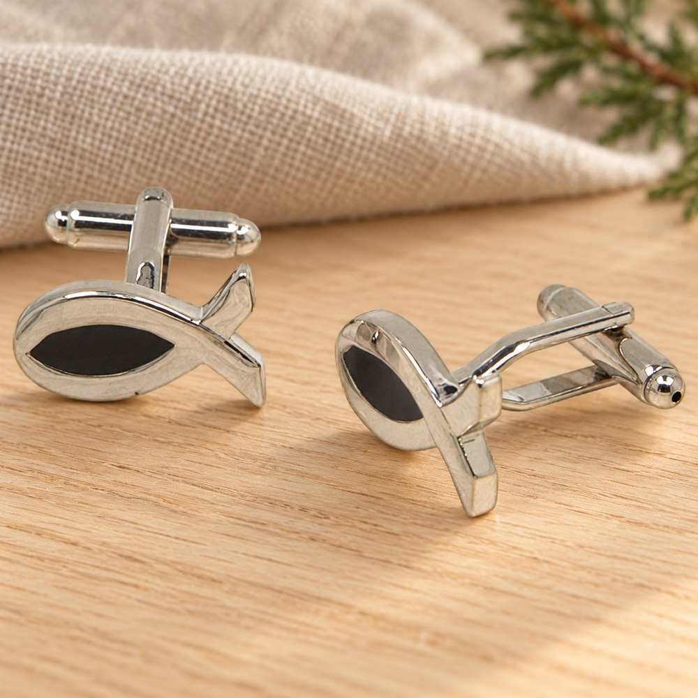 Cufflinks: Silver-Tone Ichthys — Psalm & Cedar editorial product image