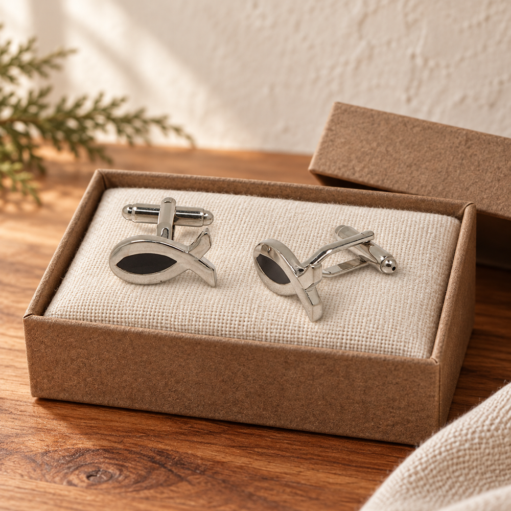 Cufflinks: Silver-Tone Ichthys — front view