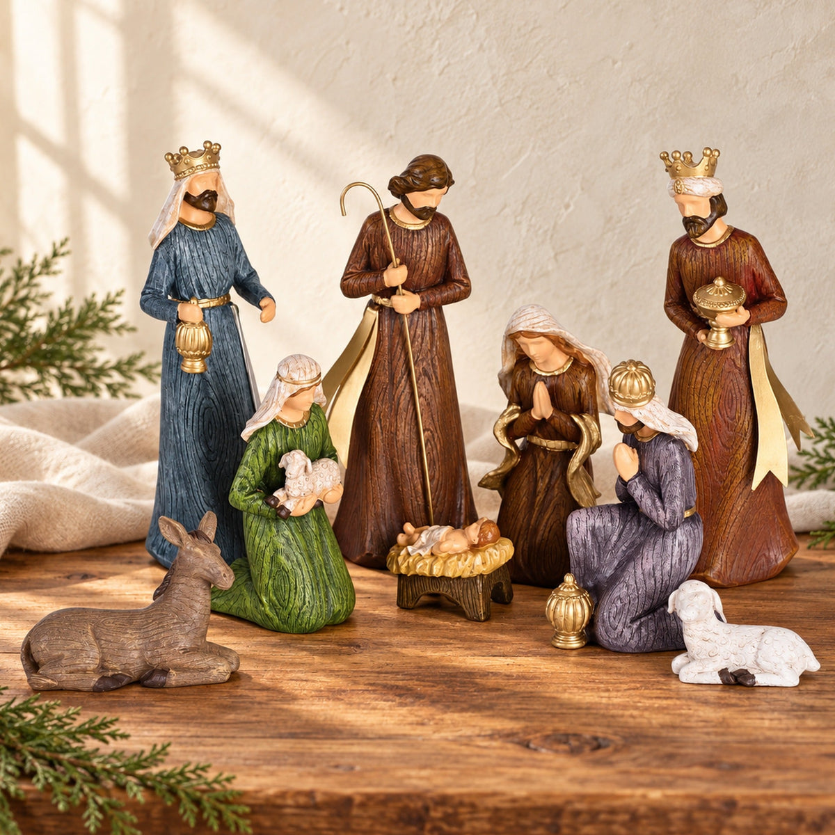 Nativity Set: Nine-Piece Colorful Wood-Look — Psalm & Cedar