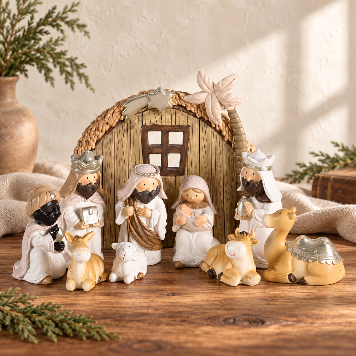 Nativity Set: Neutral-Tone Nativity with Crèche — 7-Inch — front view