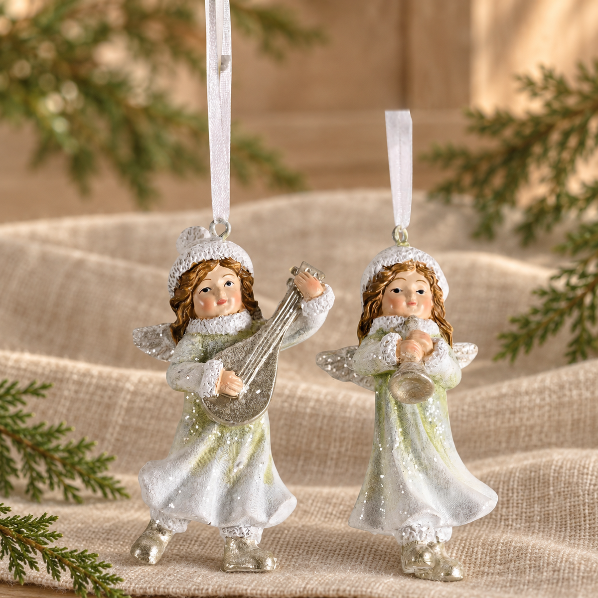 Ornament: Two Musical Angel Ornaments — 3.5-Inch — Psalm & Cedar editorial product image