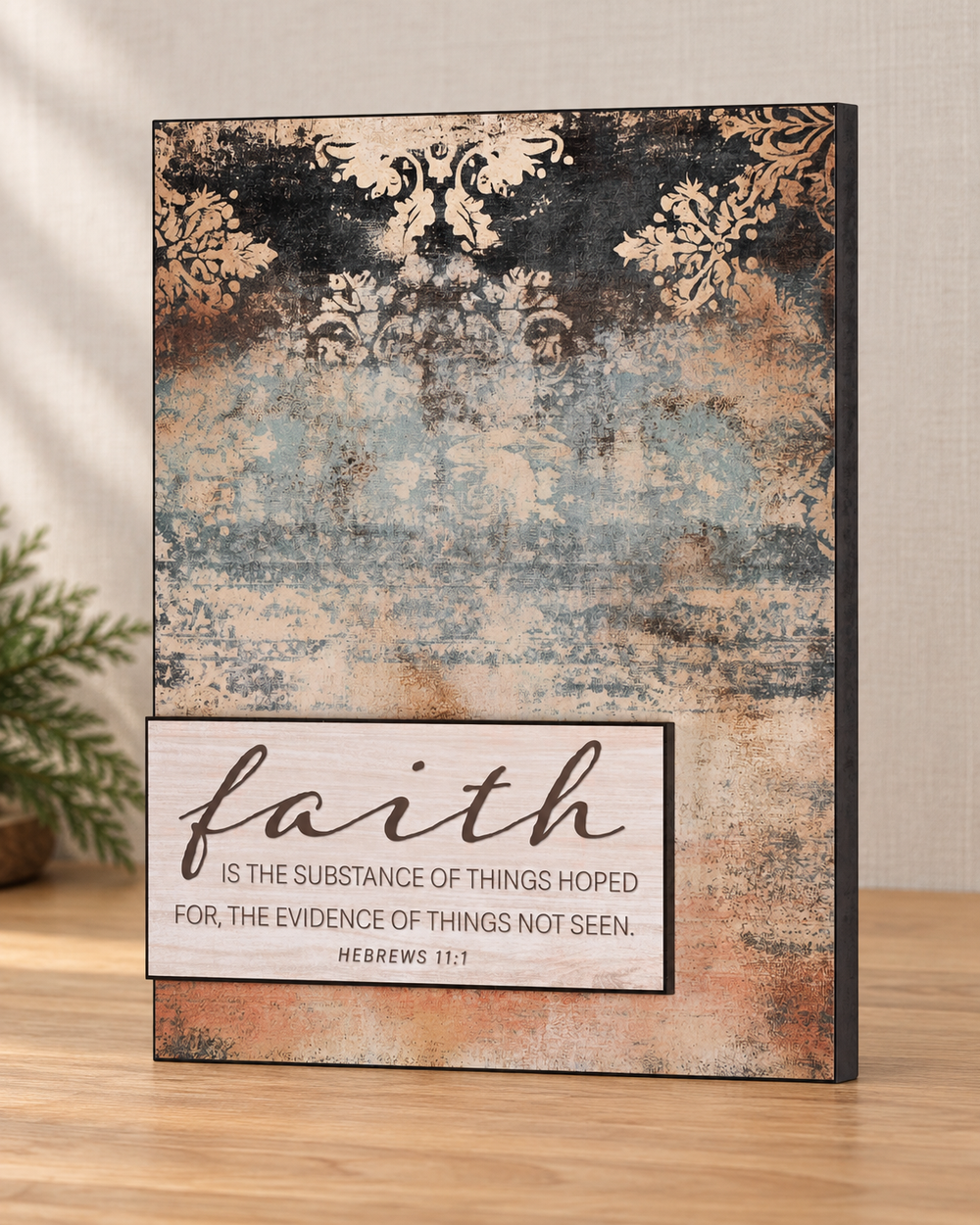 Wall Plaque: Faith Is the Substance Stacked — Hebrews 11:1 — Psalm & Cedar editorial product image