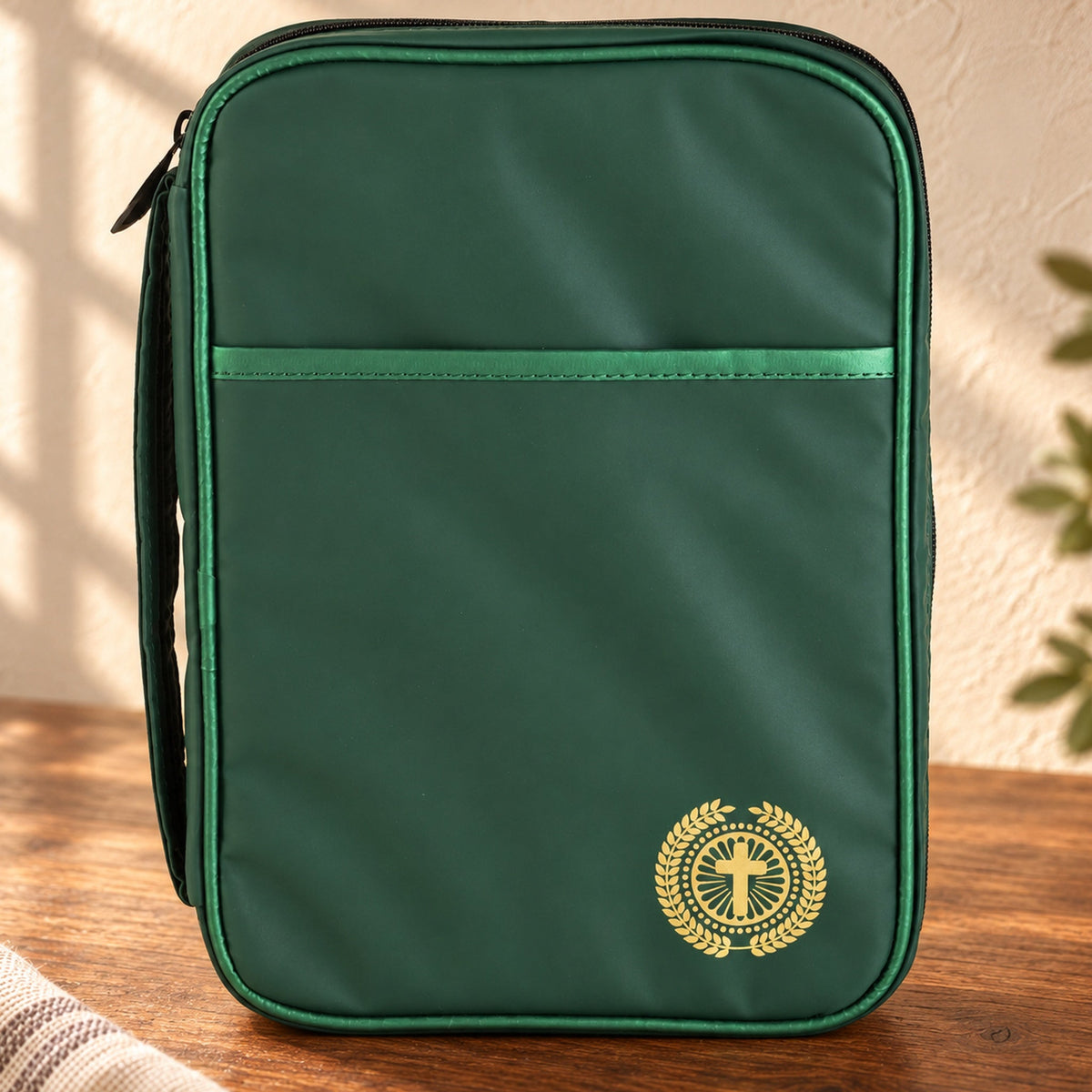 Bible Cover: Gold Cross — Green Vinyl — Psalm & Cedar