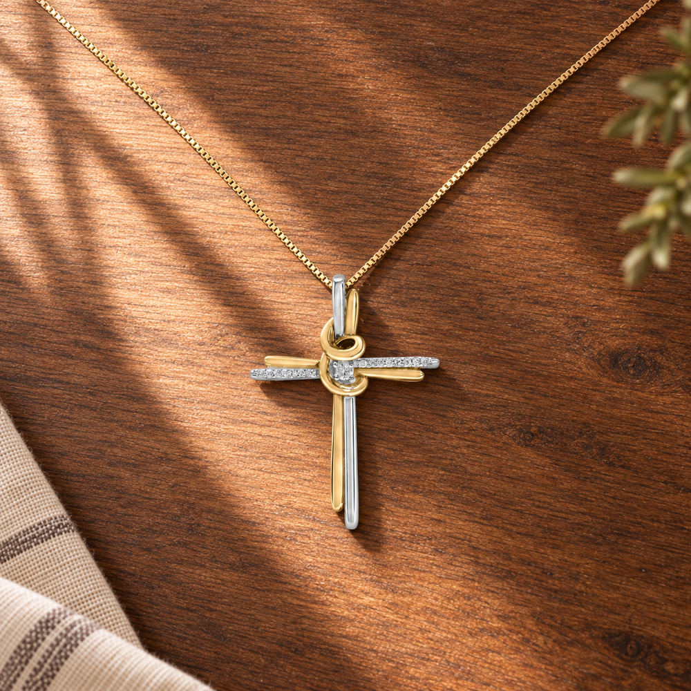 10K Two-Tone Gold Diamond Cross Necklace — 18-Inch