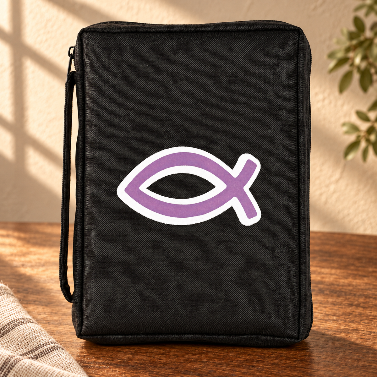 Purple Ichthys Bible Cover — Black, Large