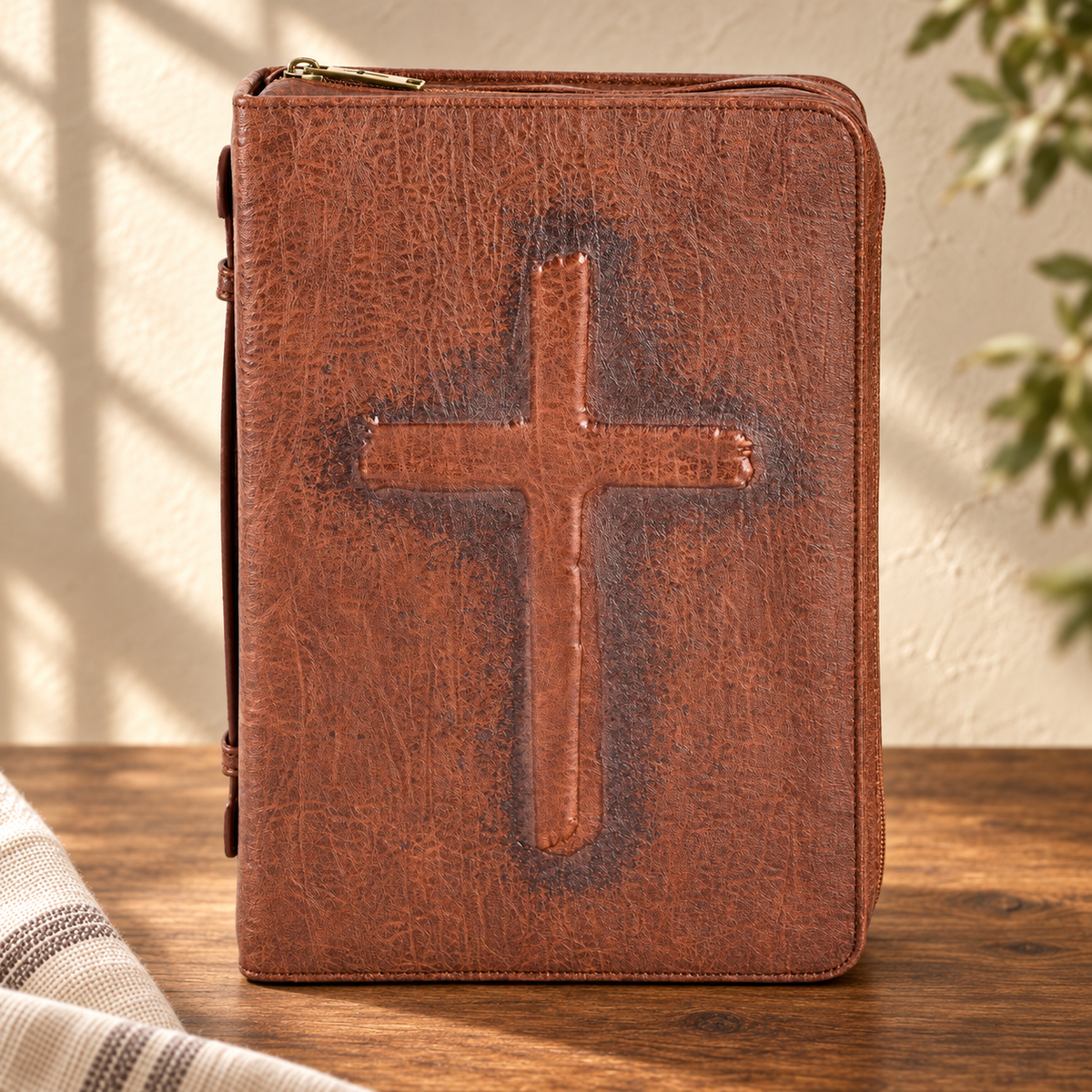 Vintage Cross Bible Cover — Brown, Large