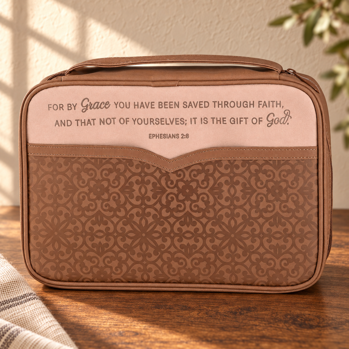Saved by Grace Bible Cover — Brown, Large Print
