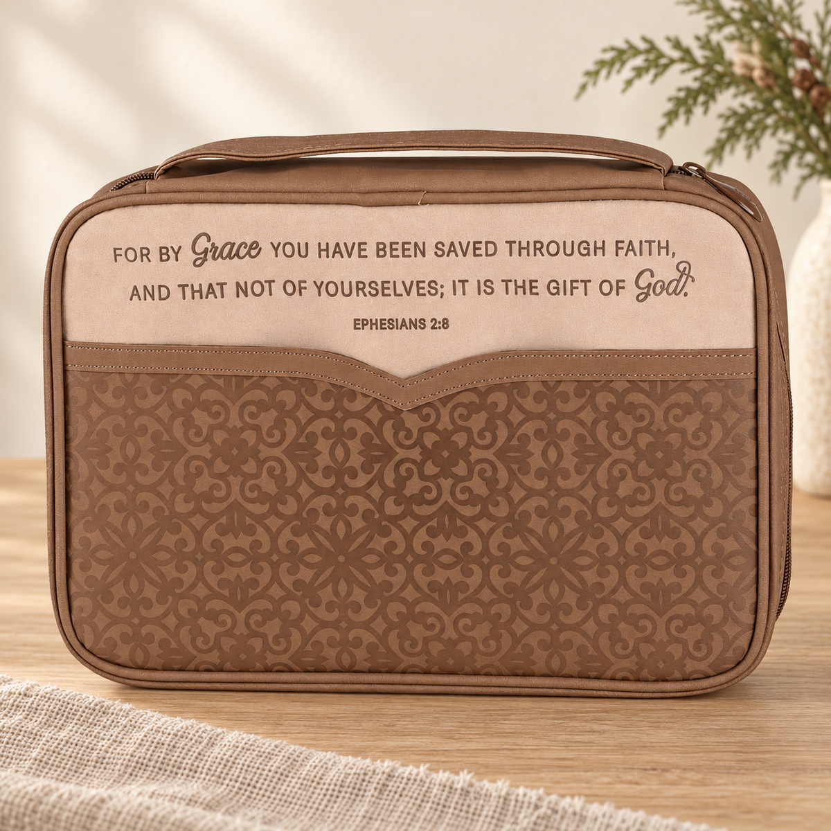 Bible Cover: Saved By Grace — Brown, Large Print — Psalm & Cedar editorial product image