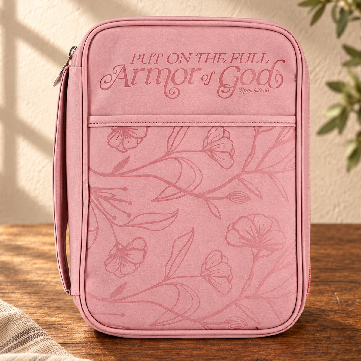 Bible Cover: Full Armor of God Floral — Pink, Large Print — Psalm & Cedar