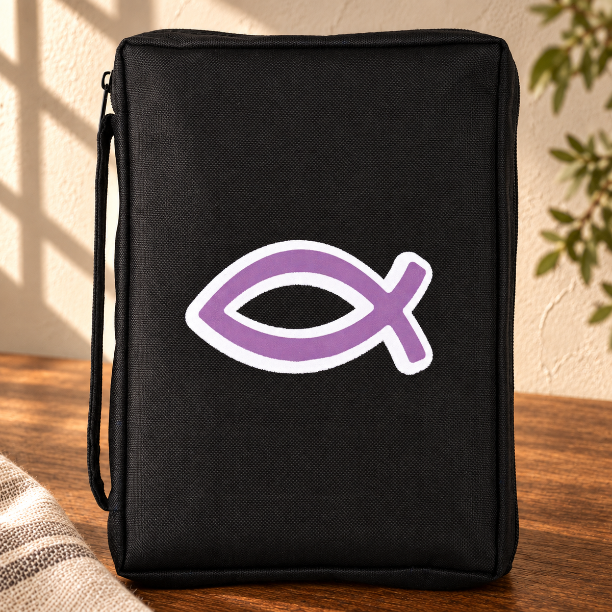 Purple Ichthys Bible Cover — Black, Medium