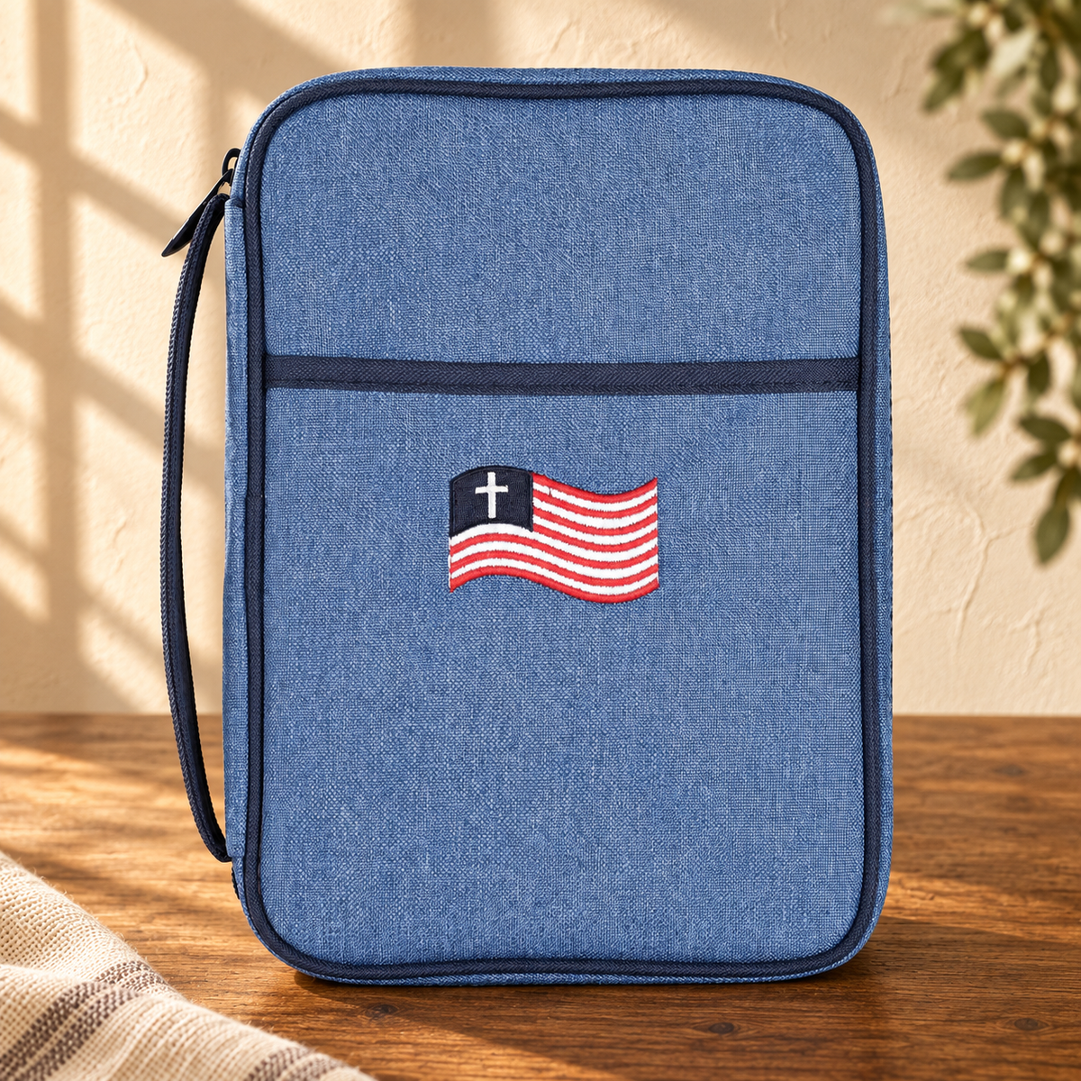 Embroidered Flag Bible Cover — Denim Blue
