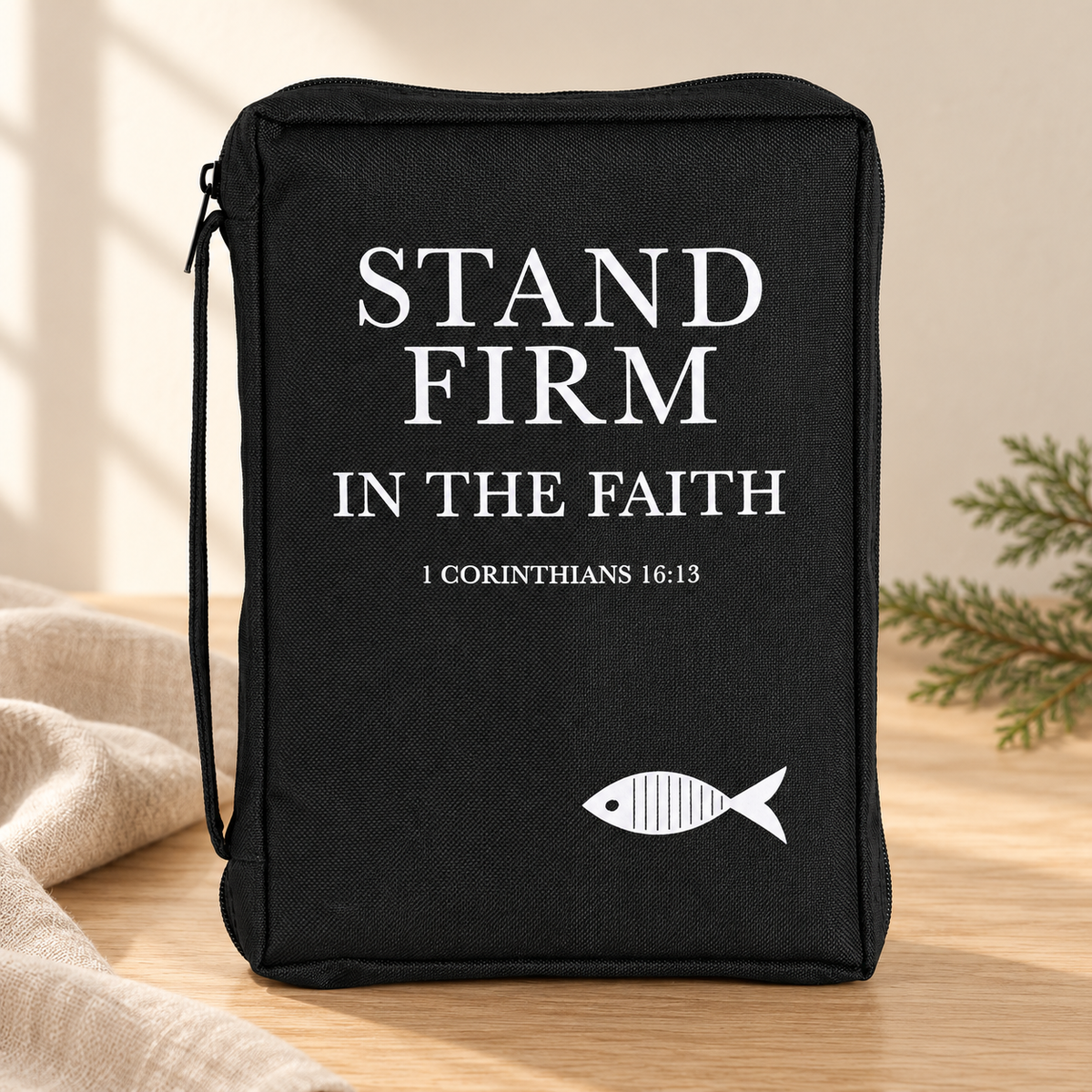 Bible Cover: Stand Firm in the Faith — Black, Large — Psalm & Cedar editorial product image