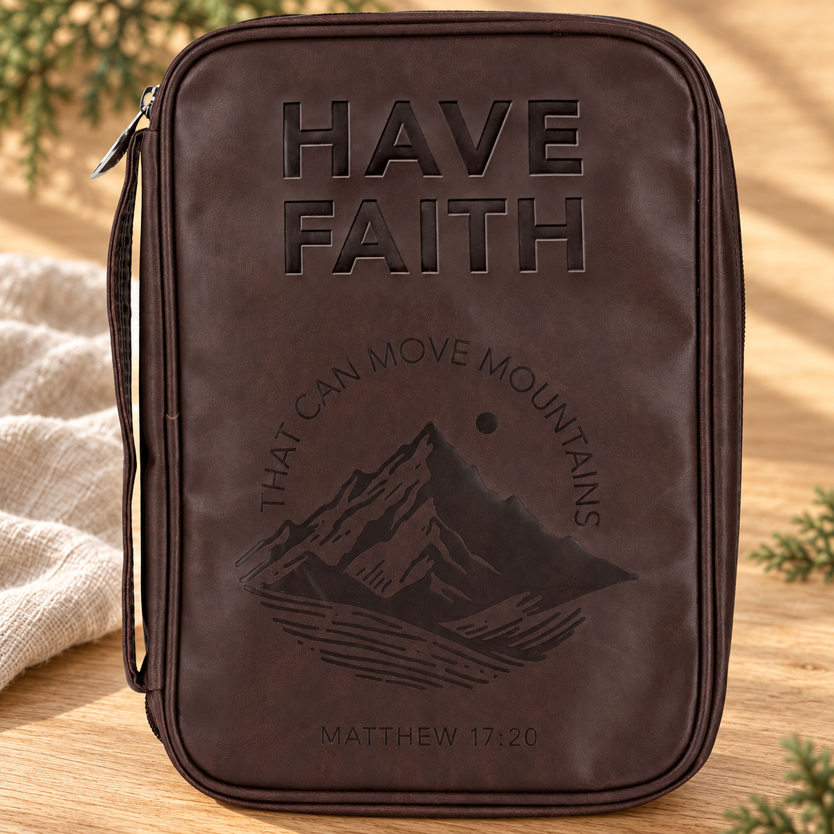 Bible Cover: Have Faith Mountain — Brown, Large Print — Psalm & Cedar editorial product image