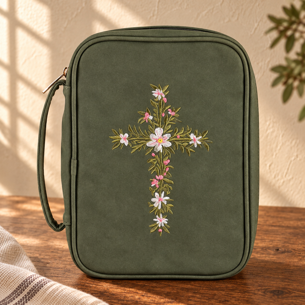 Floral Embroidered Cross Bible Cover — Olive Green, Extra Large