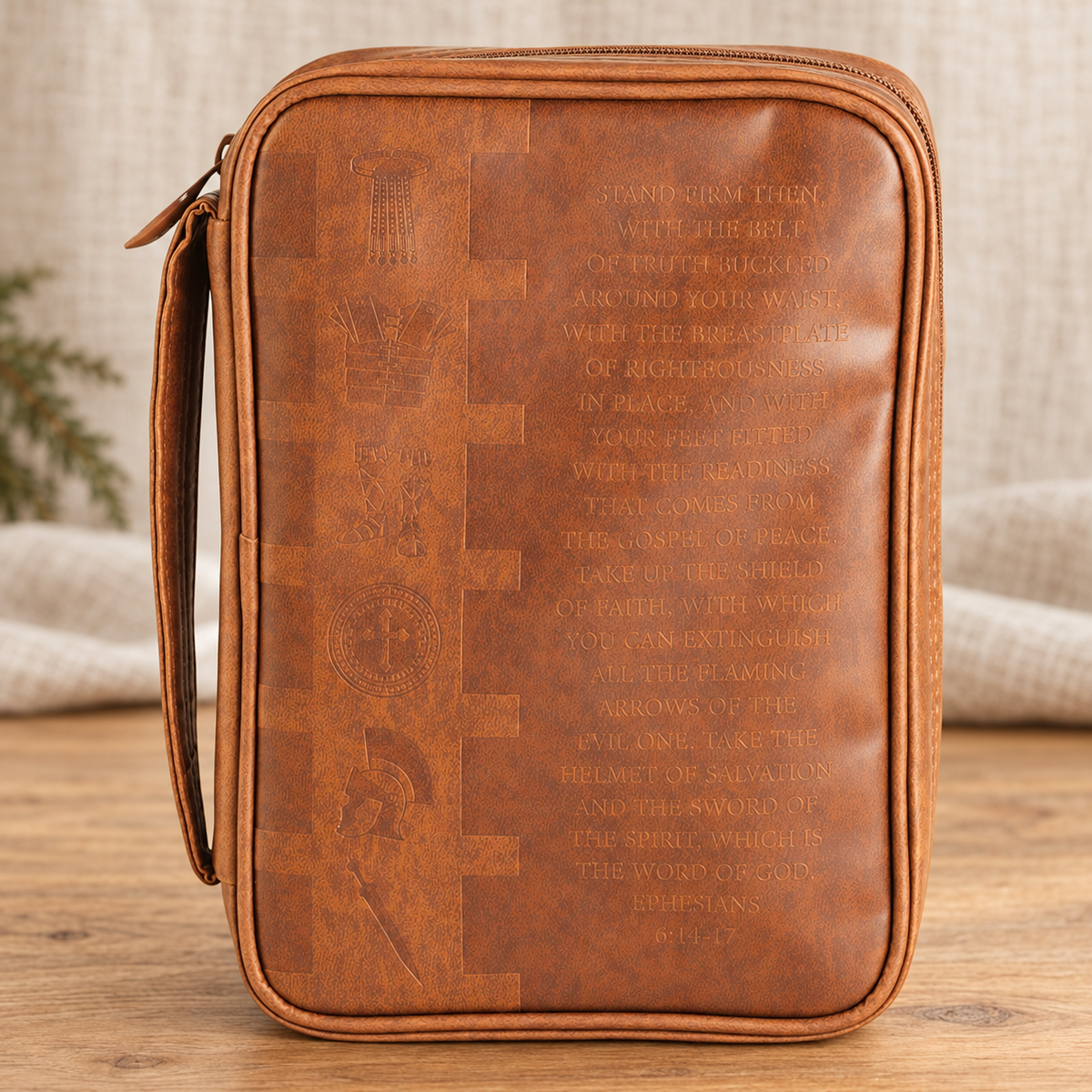 Bible Cover: Full Armor of God — Brown Vinyl — Psalm & Cedar editorial product image