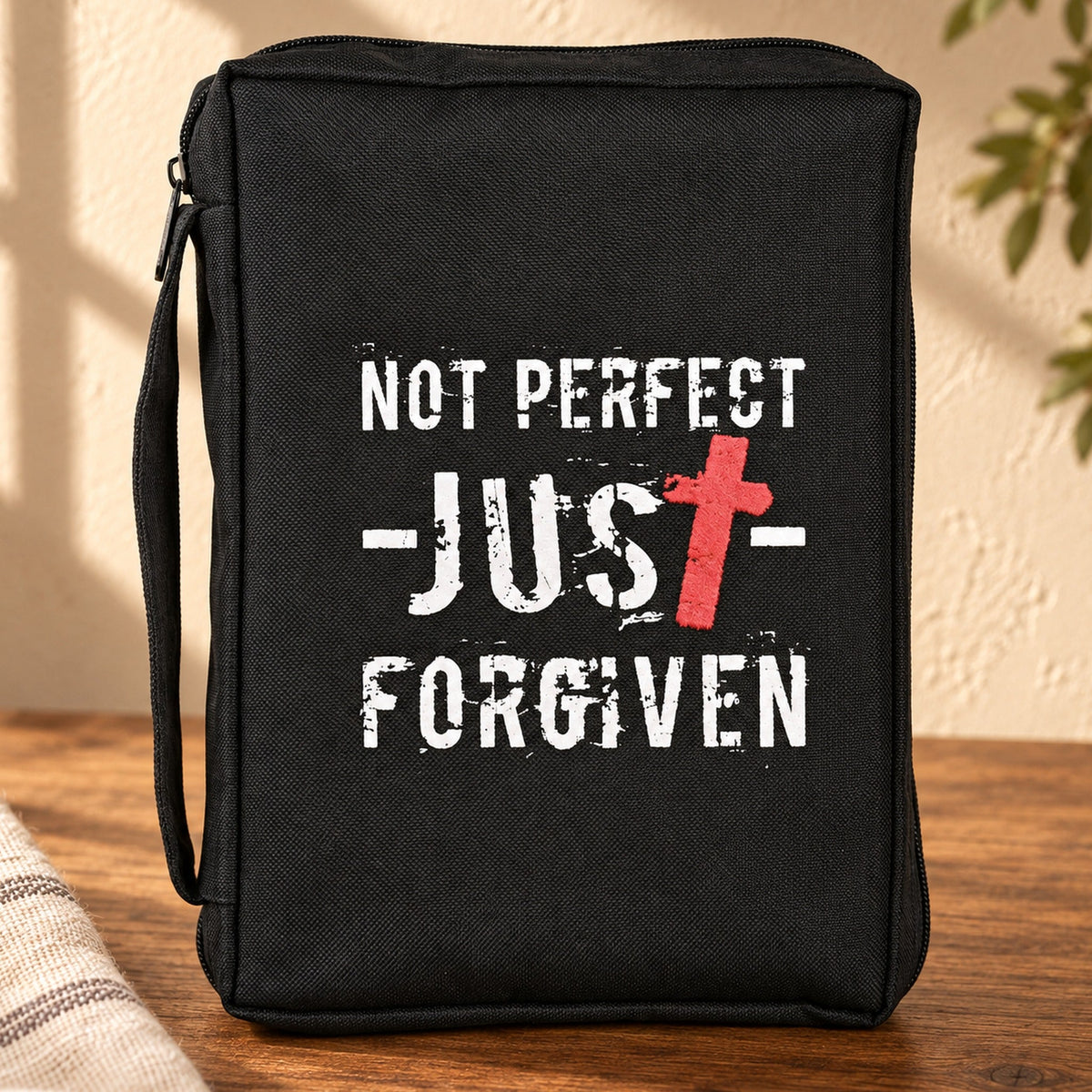 Bible Cover: Not Perfect, Just Forgiven — Black — Psalm & Cedar