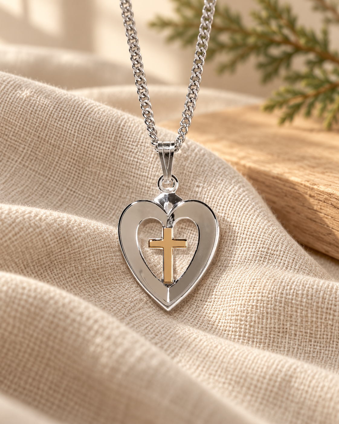 Necklace: Silver Plated Heart with Plated Cross — Psalm & Cedar editorial product image