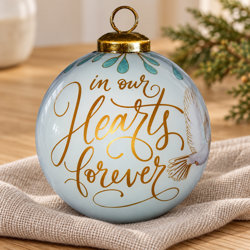 Ornament: In Our Hearts Forever — White & Gold, Hand-Painted Mouth-Blown Glass — Psalm & Cedar editorial product image