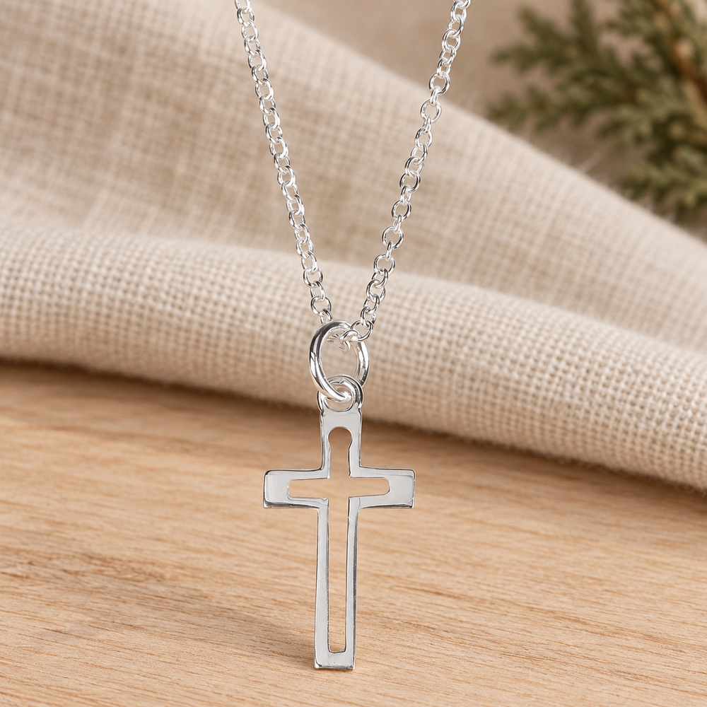 Necklace: Silver Plated Box with Cross — Psalm & Cedar editorial product image