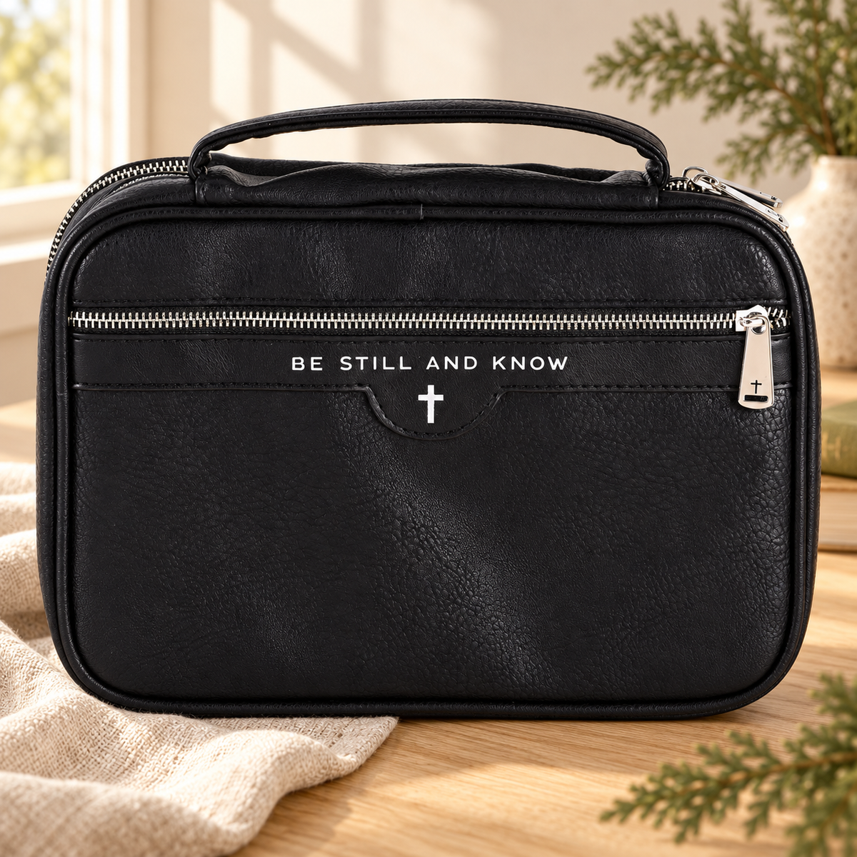 Bible Cover: Be Still — Black, Extra Large — Psalm & Cedar editorial product image