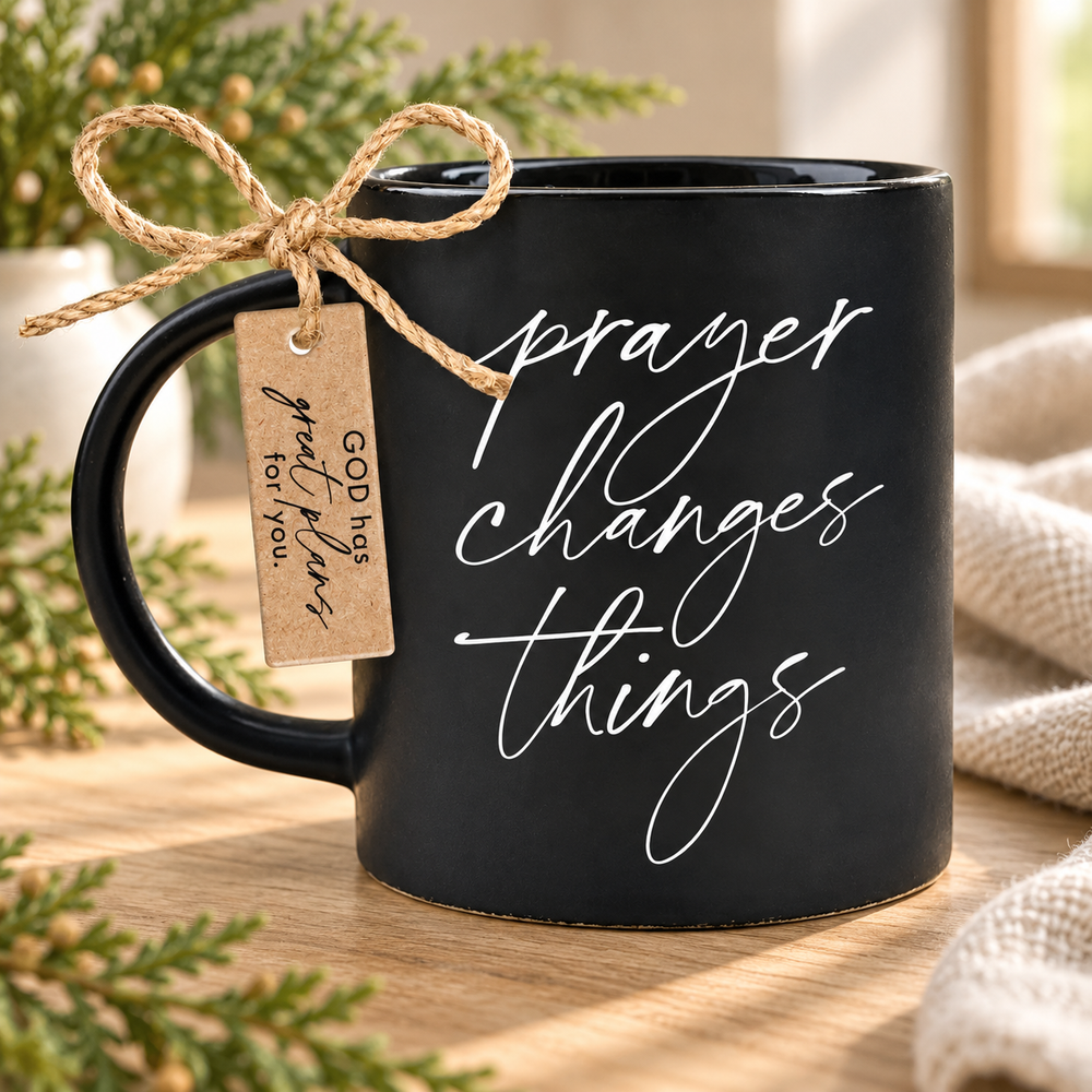 Mug: Prayer Changes Things — Black, 18 oz — Psalm & Cedar editorial product image