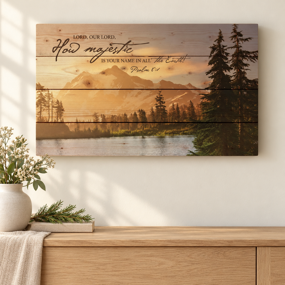 Wall Décor: Lord, How Majestic — Brown Wood Plank, 14 × 24 Inches — Psalm & Cedar editorial product image