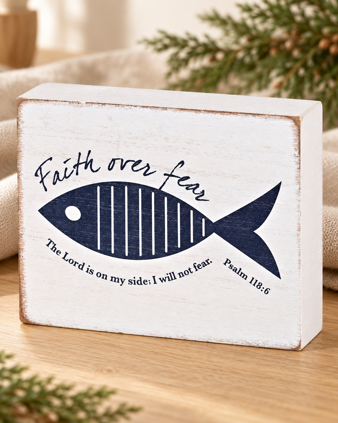 Tabletop Plaque Faith Over Fear Fish — Psalm & Cedar editorial product image