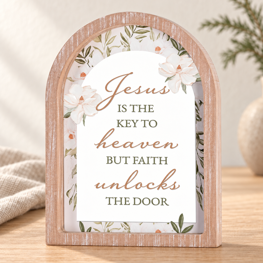 Framed Arch Wall Art: Jesus Is the Key — White, 11 × 15 Inches — Psalm & Cedar editorial product image