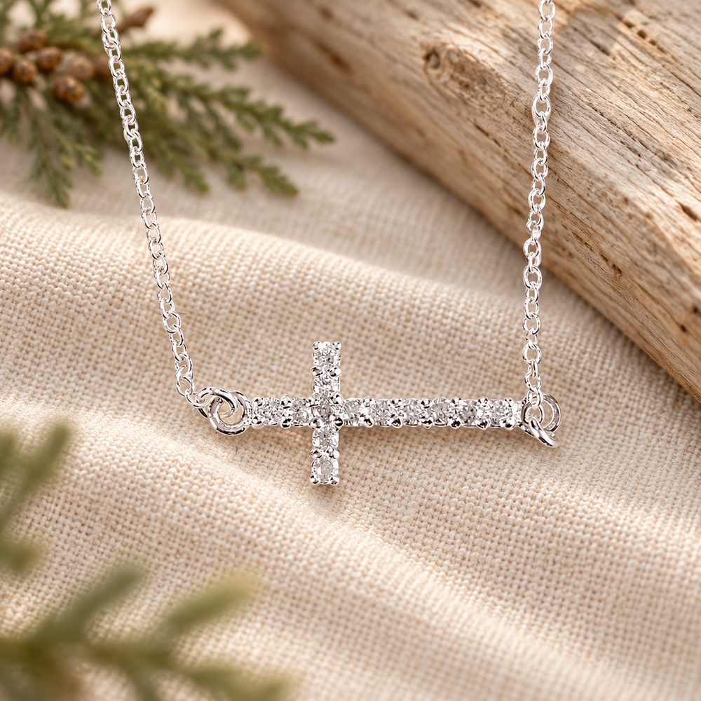 Silver Plated Sideways Cross Necklace — Psalm & Cedar editorial product image