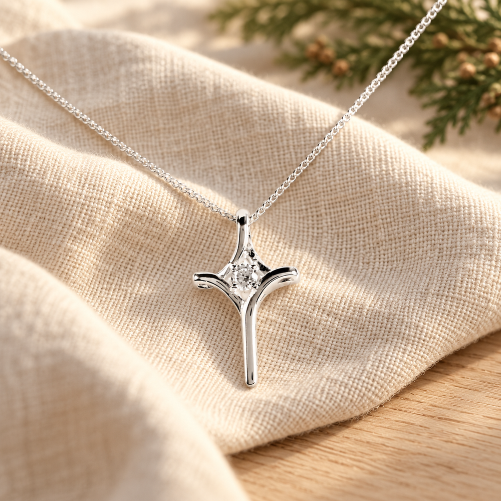 Mobius Cross Clear CZ Silver-Plated Necklace — 18 inch — Psalm & Cedar editorial product image