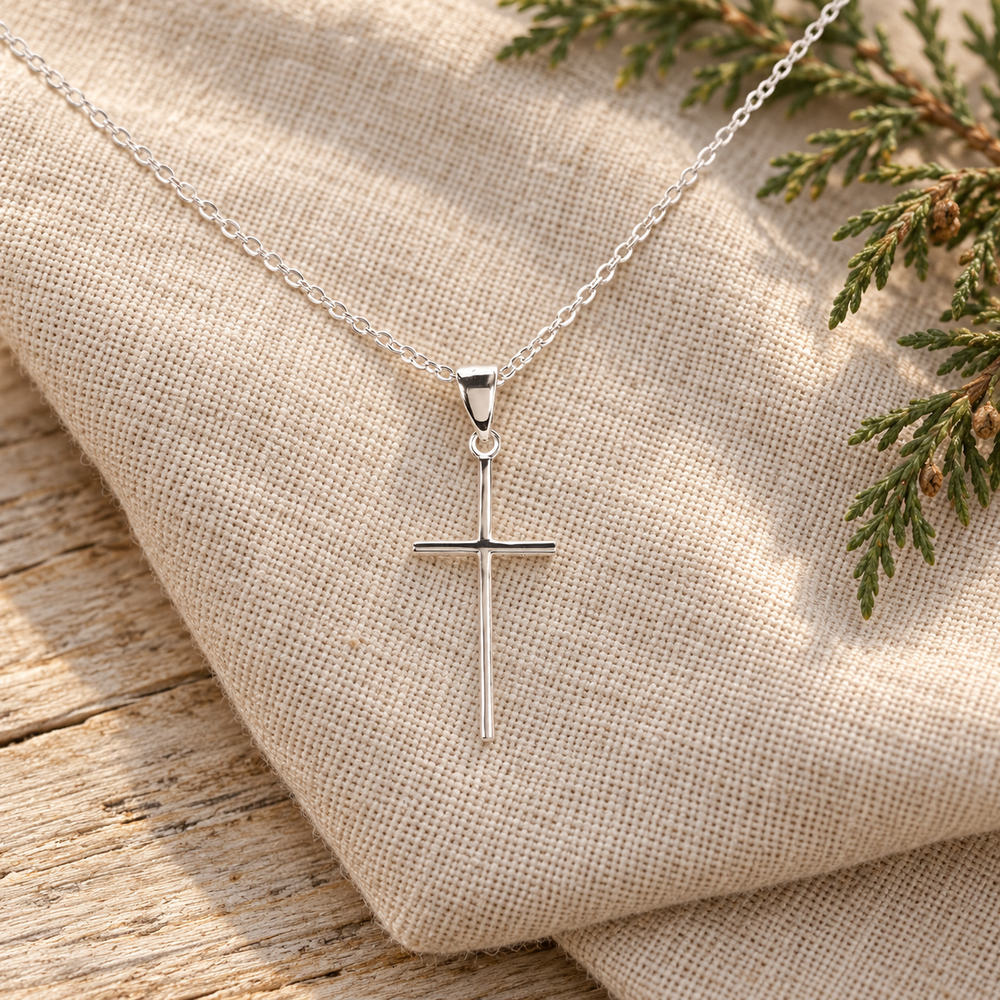 Round Tube Cross Silver-Plated Necklace — 18 inch — Psalm & Cedar editorial product image