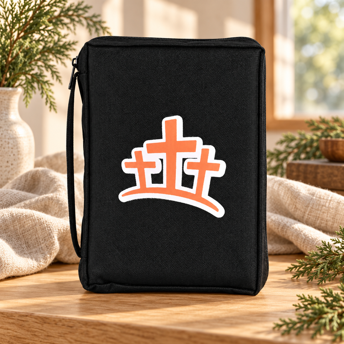 Bible Cover: Orange Crosses — Black, Medium — Psalm & Cedar editorial product image