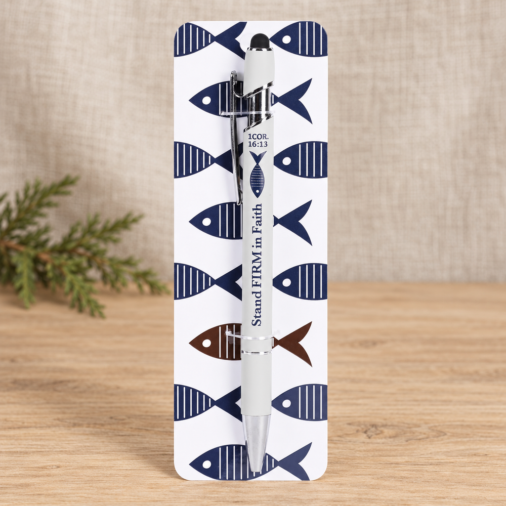 Pen Stand Firm In Faith White Blue Fish — Psalm & Cedar editorial product image