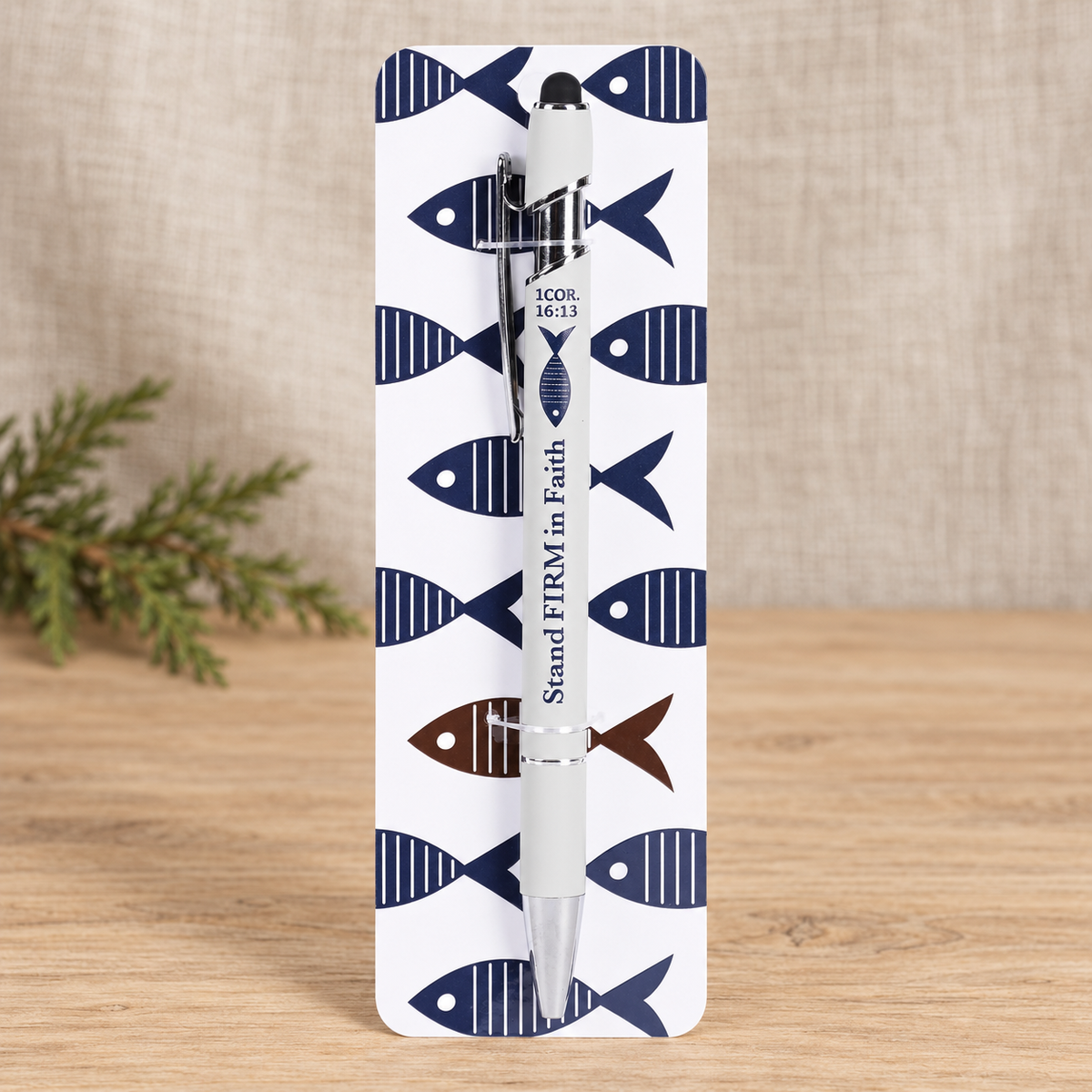 Pen Stand Firm In Faith White Blue Fish — Psalm & Cedar editorial product image