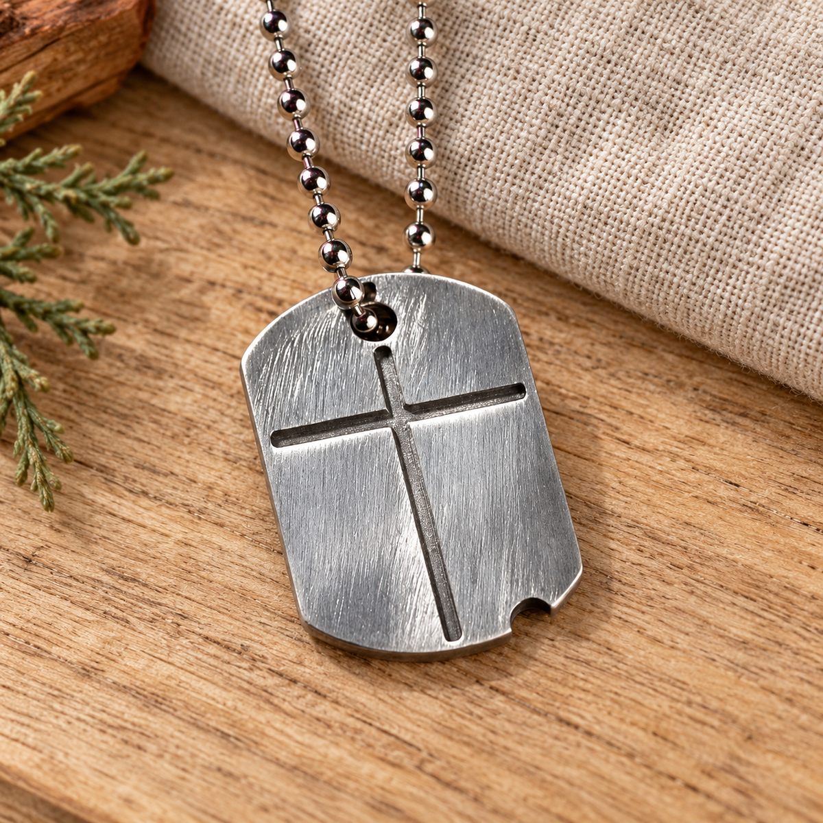 Necklace: Dog Tag Cross — Joshua 1:9, Pewter, 21-Inch Chain — Psalm & Cedar editorial product image