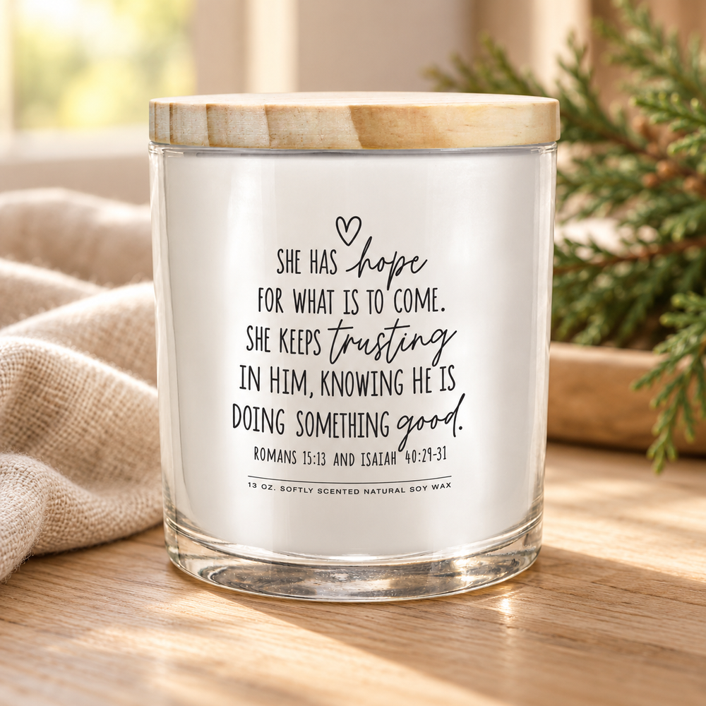 Soy Candle: She Has Hope, She Is Trusting — Psalm & Cedar editorial product image