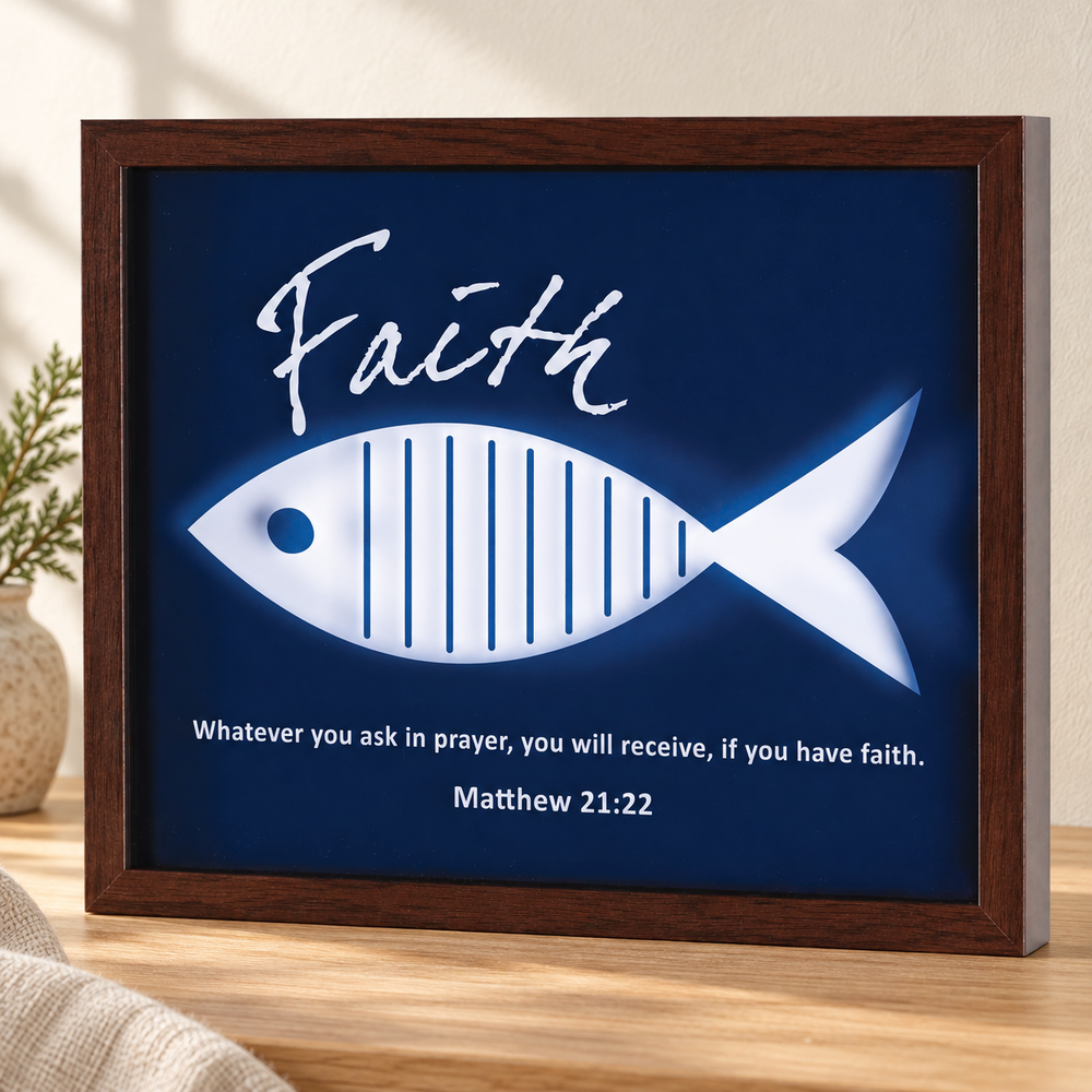 Framed Wall Art: Faith Fish — Navy & White — Psalm & Cedar editorial product image