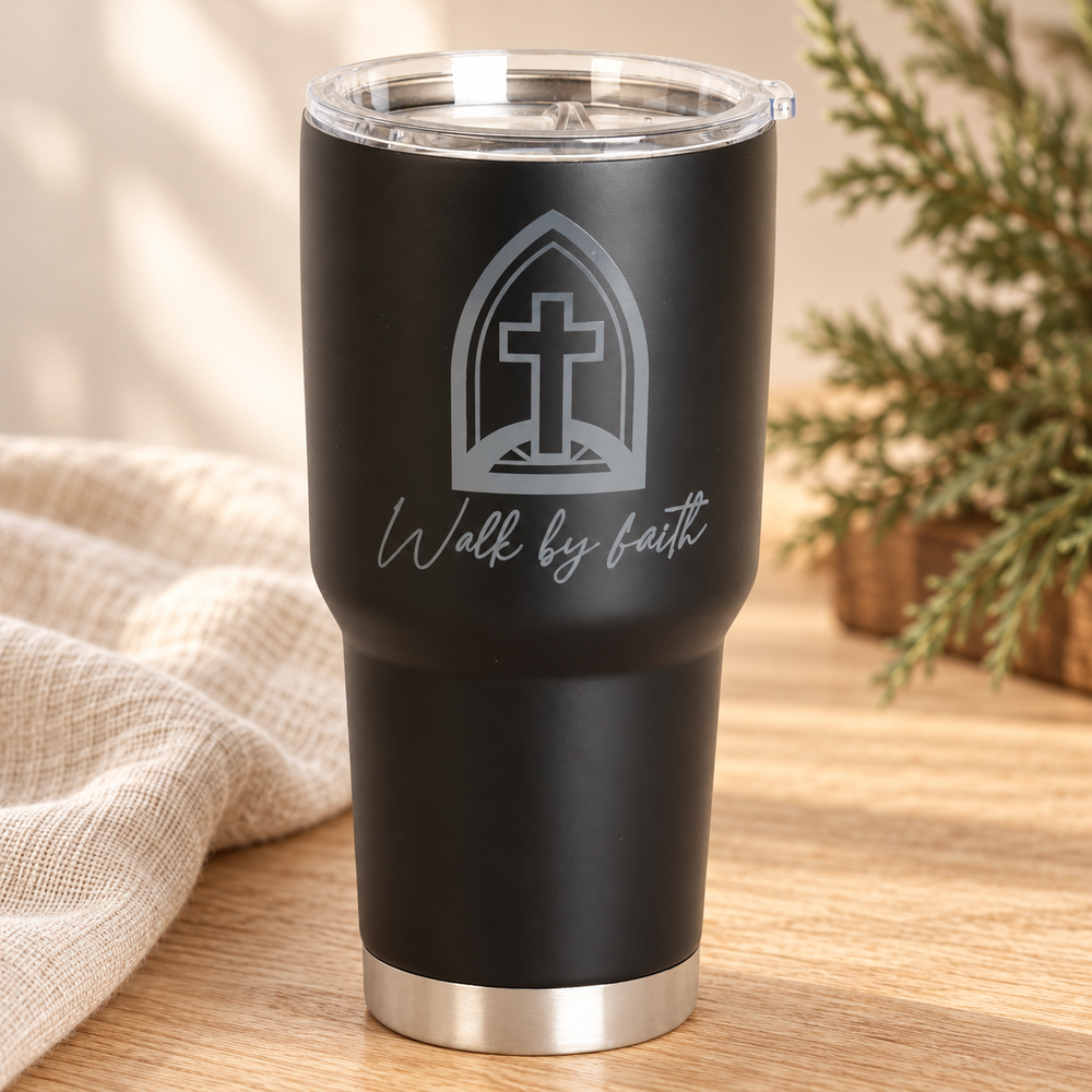 Tumbler: Walk by Faith — Black Stainless Steel, 30 oz — Psalm & Cedar editorial product image