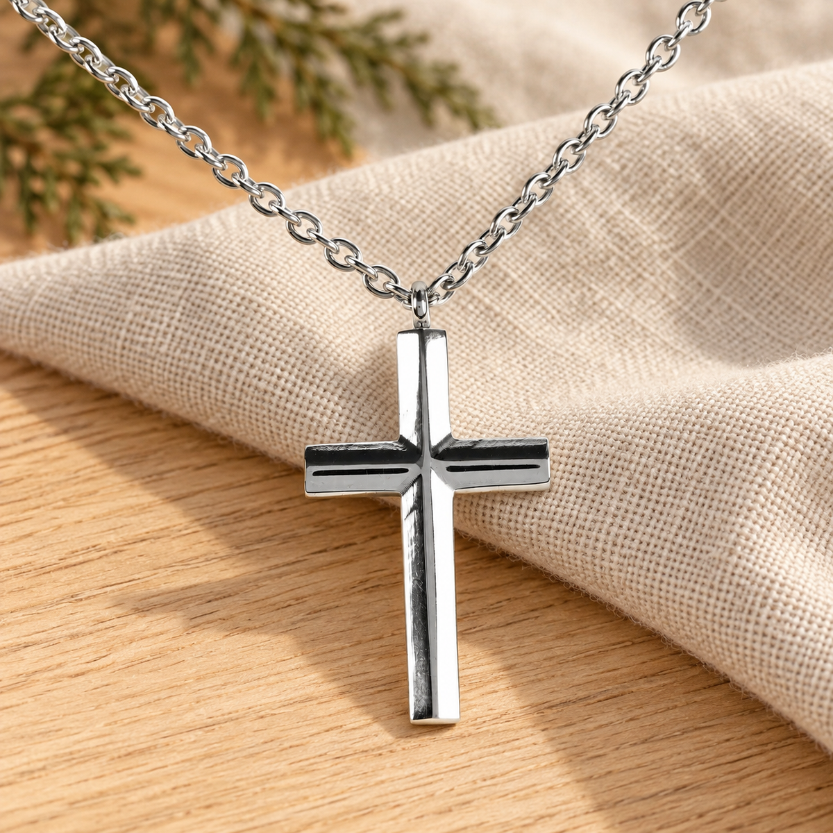 Necklace: Stainless-Steel Beveled Cross — 24-Inch Chain — Psalm & Cedar editorial product image