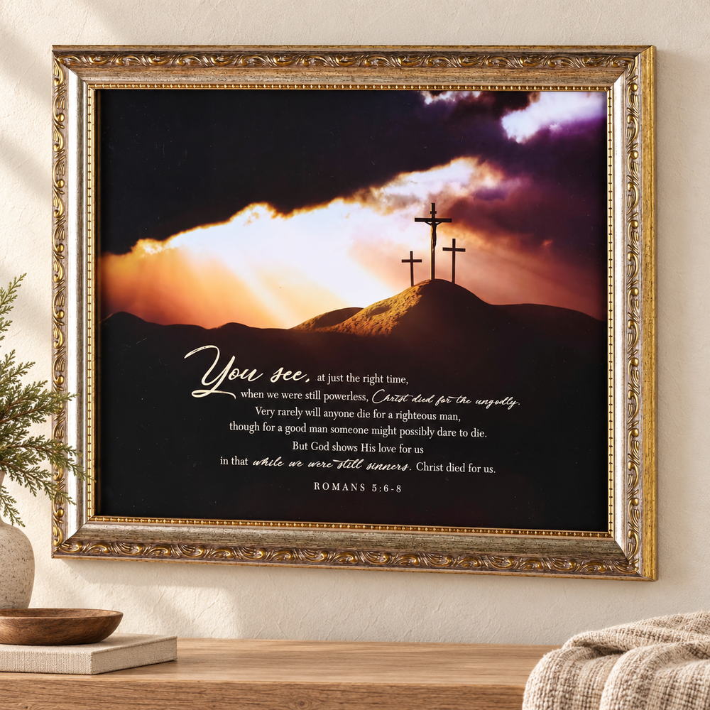 Framed Wall Art: Christ Died for Us — Romans 5:6–8 — Psalm & Cedar editorial product image