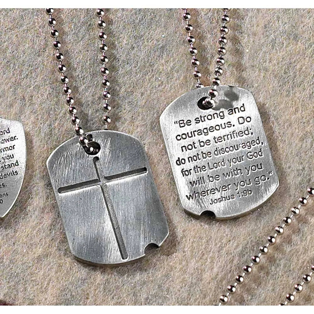 Necklace: Dog Tag Cross — Joshua 1:9, Pewter, 21-Inch Chain — supplier product image