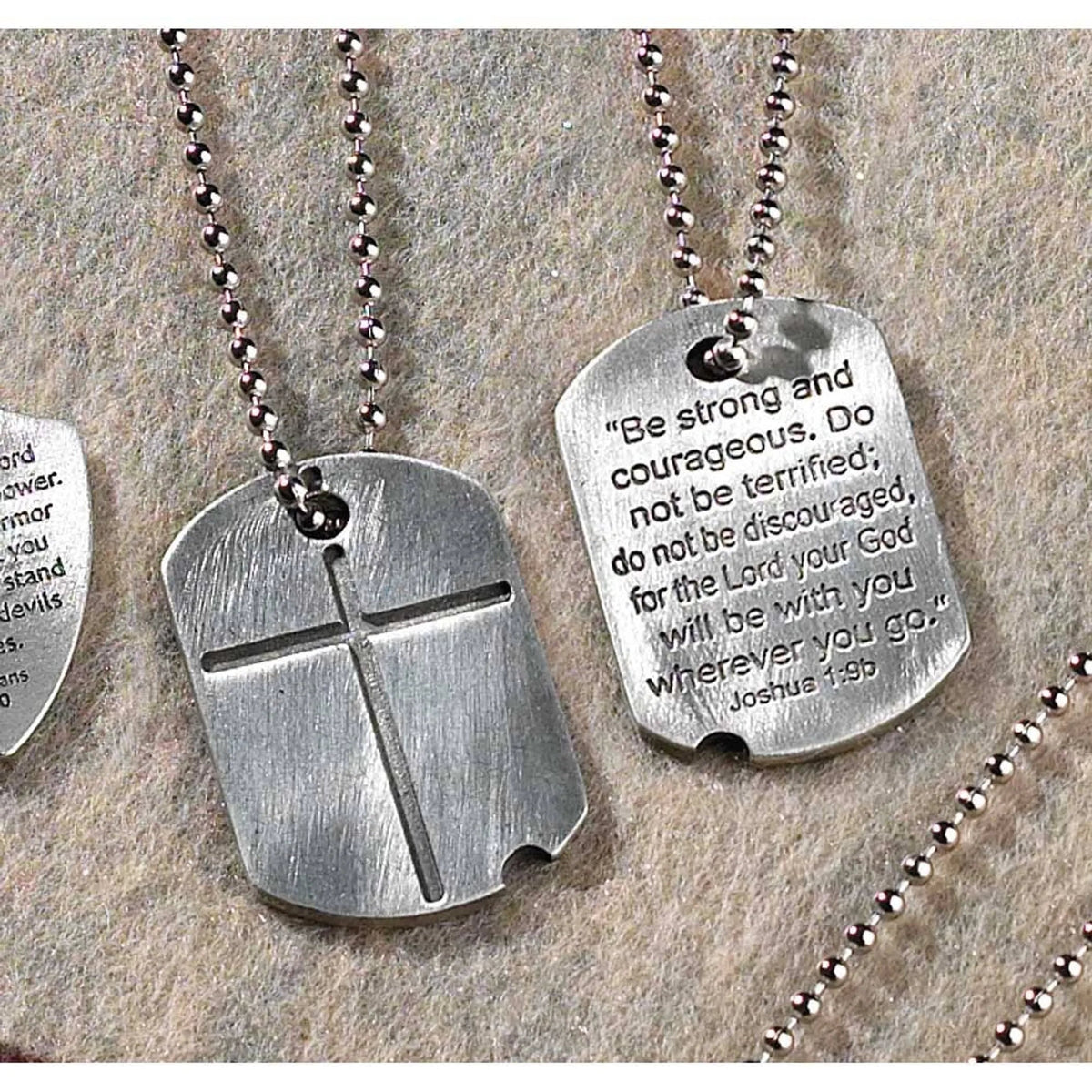 Necklace: Dog Tag Cross — Joshua 1:9, Pewter, 21-Inch Chain — supplier product image