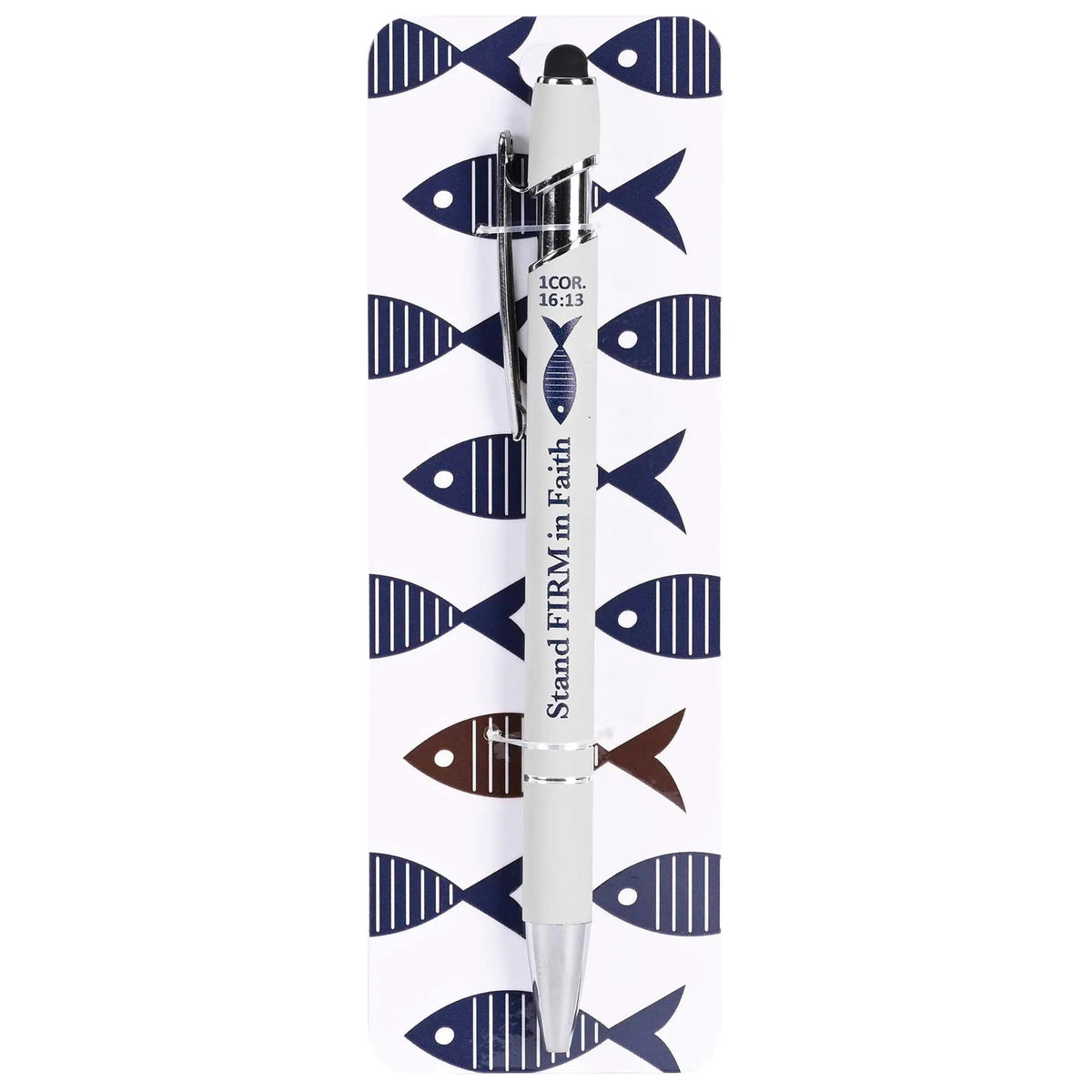 Pen Stand Firm In Faith White Blue Fish — supplier product image