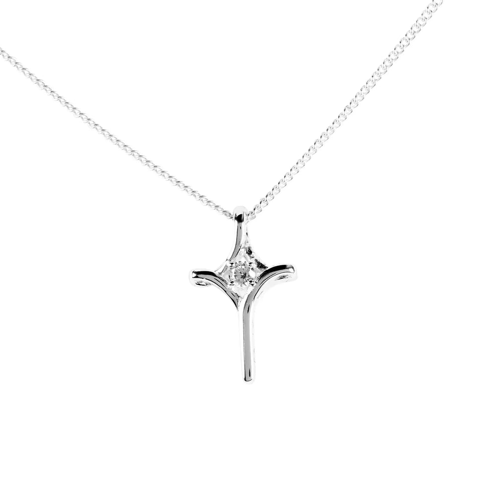 Necklace: Mobius Cross with Clear CZ — Silver-Plated, 18-Inch Chain — supplier product image