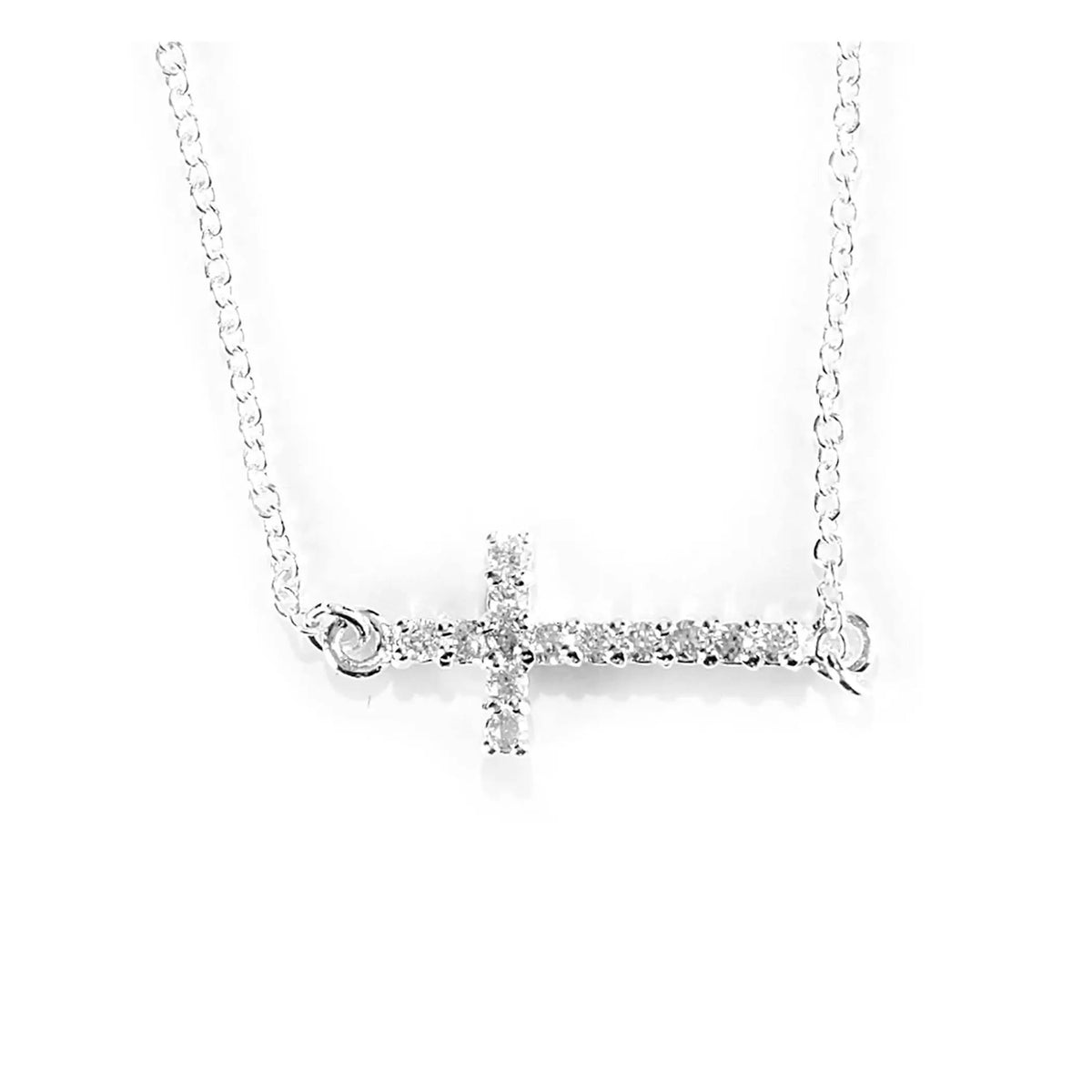 Necklace: Sideways Cross with CZ — Silver-Plated, 18-Inch Chain — supplier product image