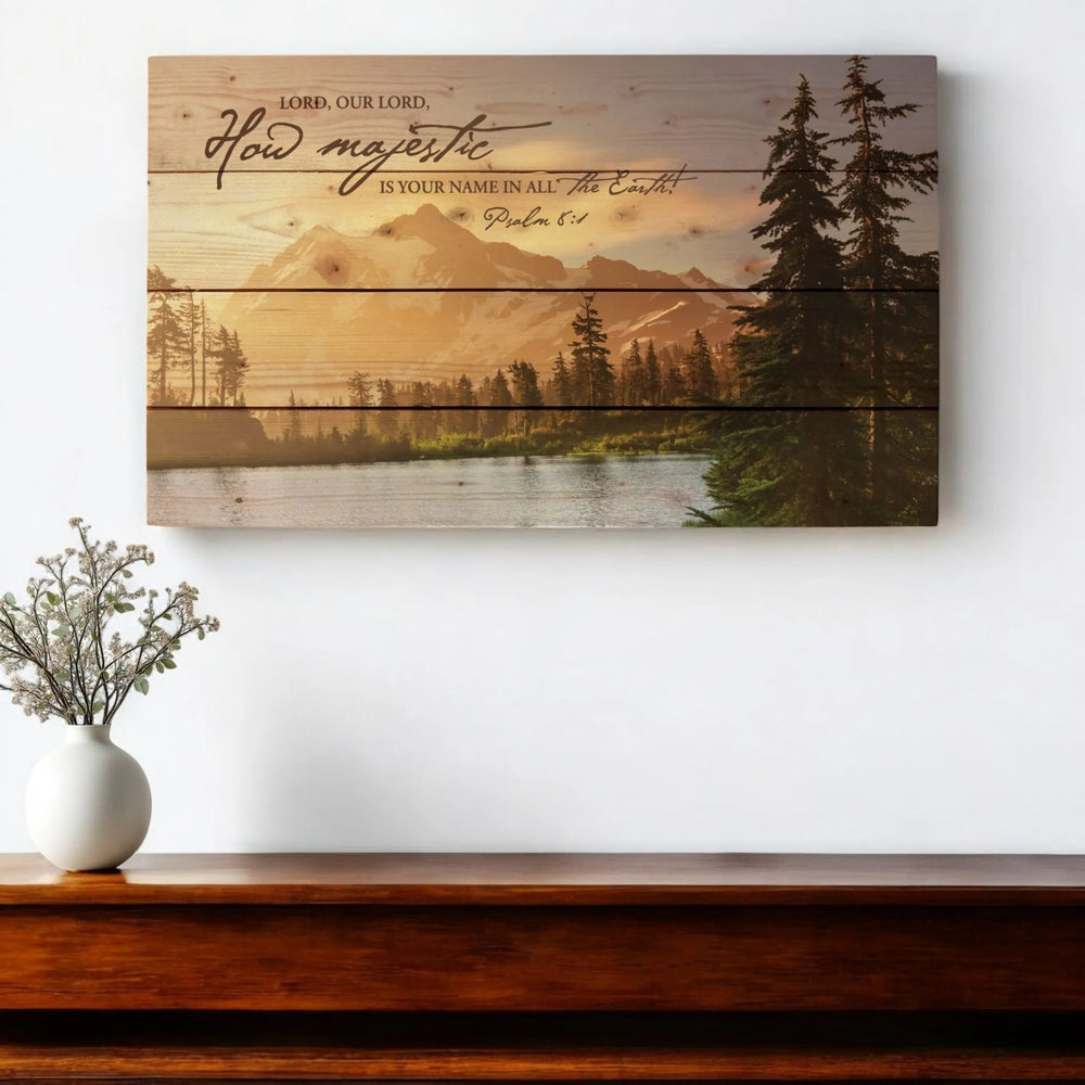 Wall Art: Lord, How Majestic — Brown Wood Plank, 14 × 24 Inches — supplier product image
