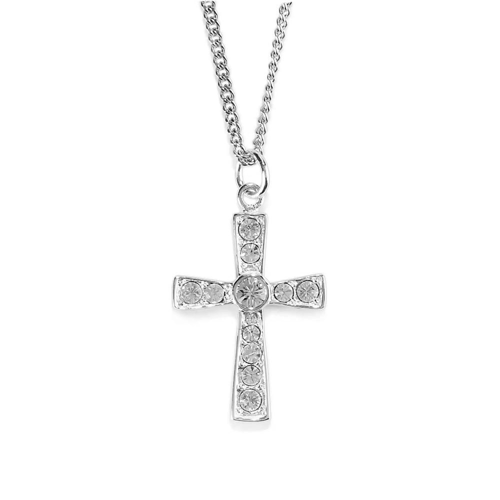 Necklace: Flare Cross with CZ — Silver-Plated, 18-Inch Chain — supplier product image