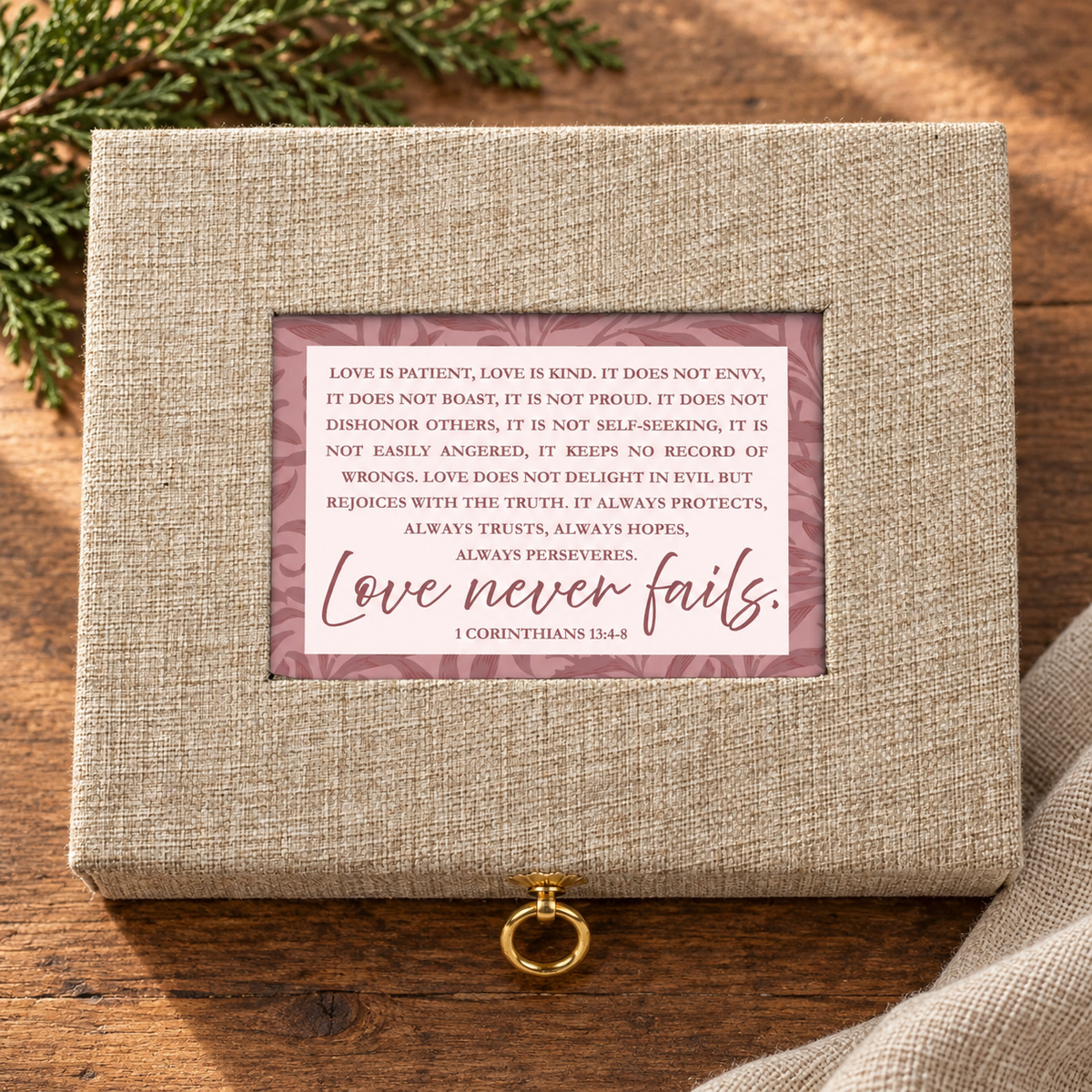 Large Linen Jewelry Box — Love Never Fails — Psalm & Cedar detail