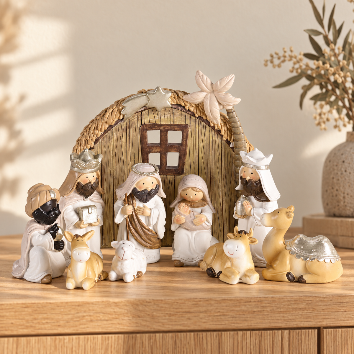 Nativity Set: Neutral-Tone Nativity with Crèche — 7-Inch — Psalm & Cedar editorial product image