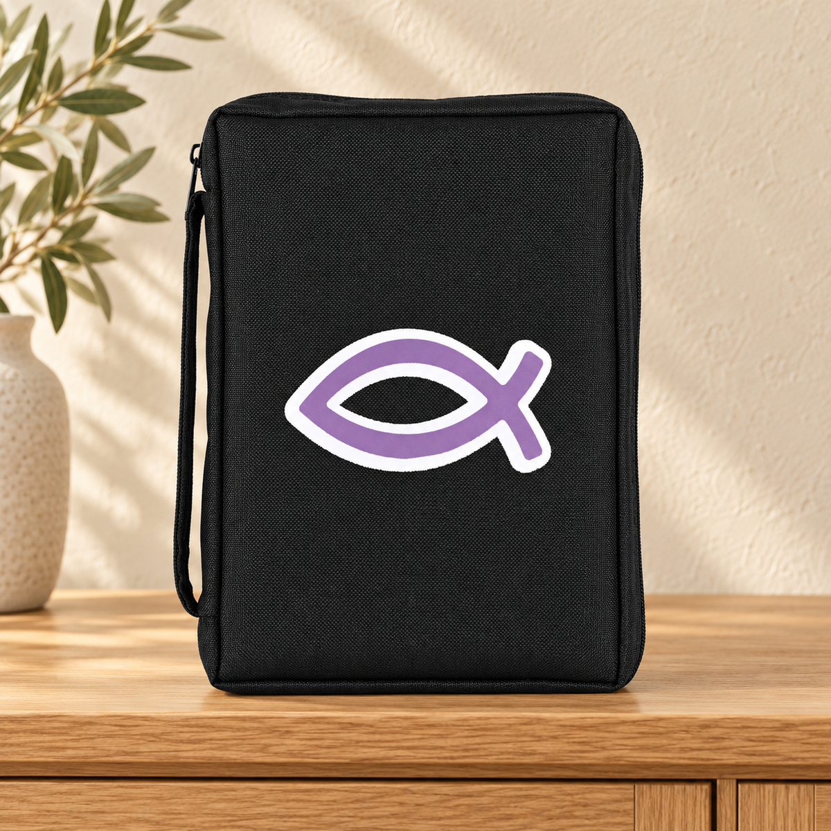 Bible Cover: Purple Ichthys — Black, Large — Psalm & Cedar editorial product image